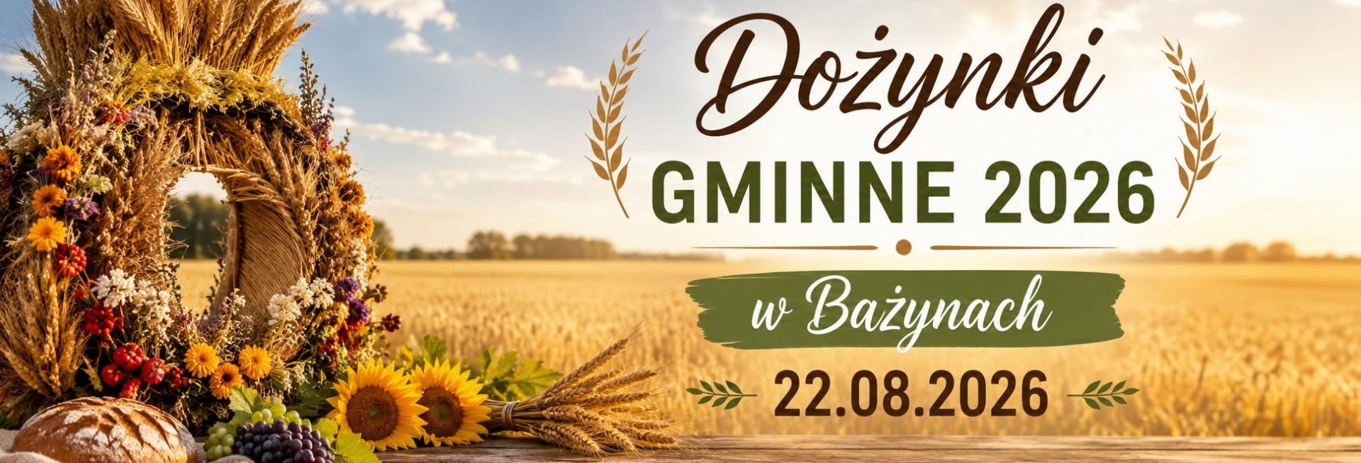 Plakat zapraszający w sobotę 22 sierpnia 2026 r. do miejscowości Bażyny w gminie Orneta na Dożynki Gminy Orneta - Bażyny 2026.