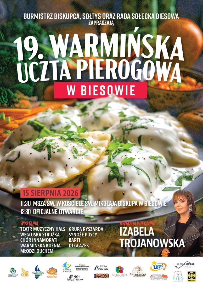 Plakat zapraszający w sobotę 15 sierpnia 2026  r. do Biesowa na Warmińską Ucztę Pierogową BIESOWO 2026.  
