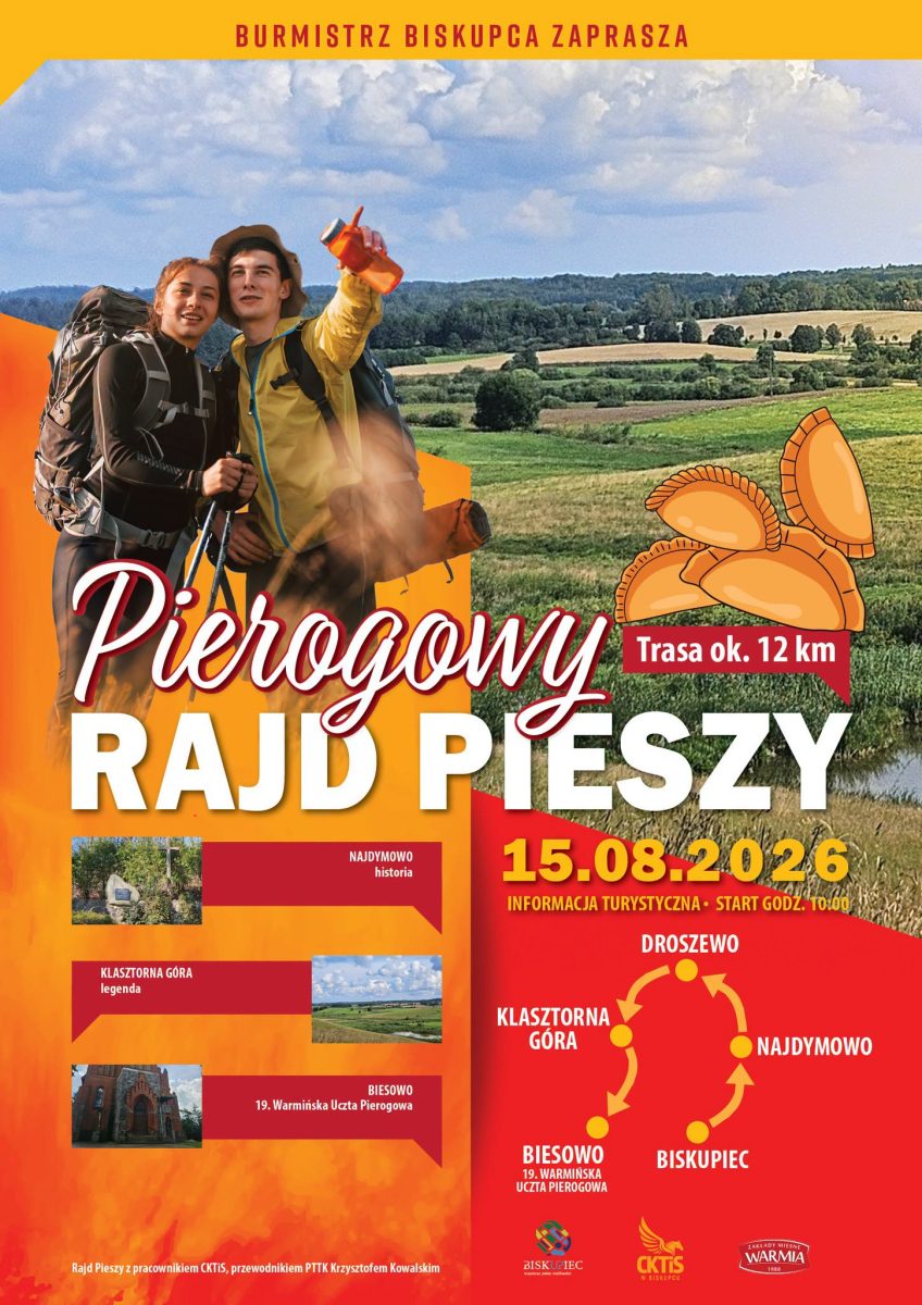 Plakat zapraszający w sobotę 15 sierpnia 2026 r. całe rodziny do Biesowa w gminie Biskupiec na Pierogowy Rajd Pieszy Biskupiec-Biesowo 2026. 