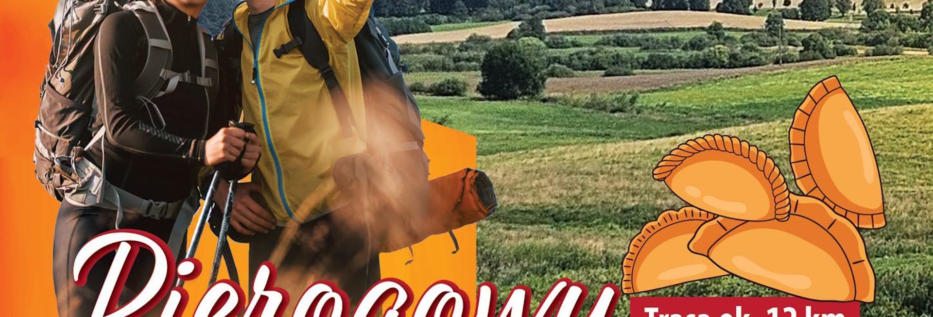 Plakat zapraszający w sobotę 15 sierpnia 2026 r. całe rodziny do Biesowa w gminie Biskupiec na Pierogowy Rajd Pieszy Biskupiec-Biesowo 2026. 