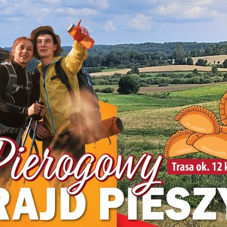 Plakat zapraszający w sobotę 15 sierpnia 2026 r. całe rodziny do Biesowa w gminie Biskupiec na Pierogowy Rajd Pieszy Biskupiec-Biesowo 2026.