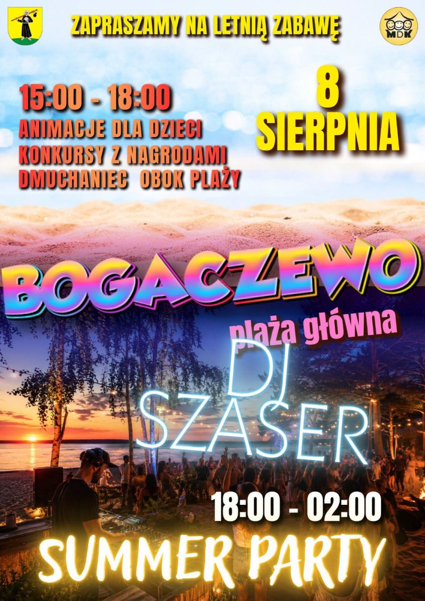 Plakat zapraszający w sobotę 8 sierpnia 2026 r. do miejscowości Bogaczewo w  gminie Morąg na Summer Party! Plaża Bogaczewo 2026. 