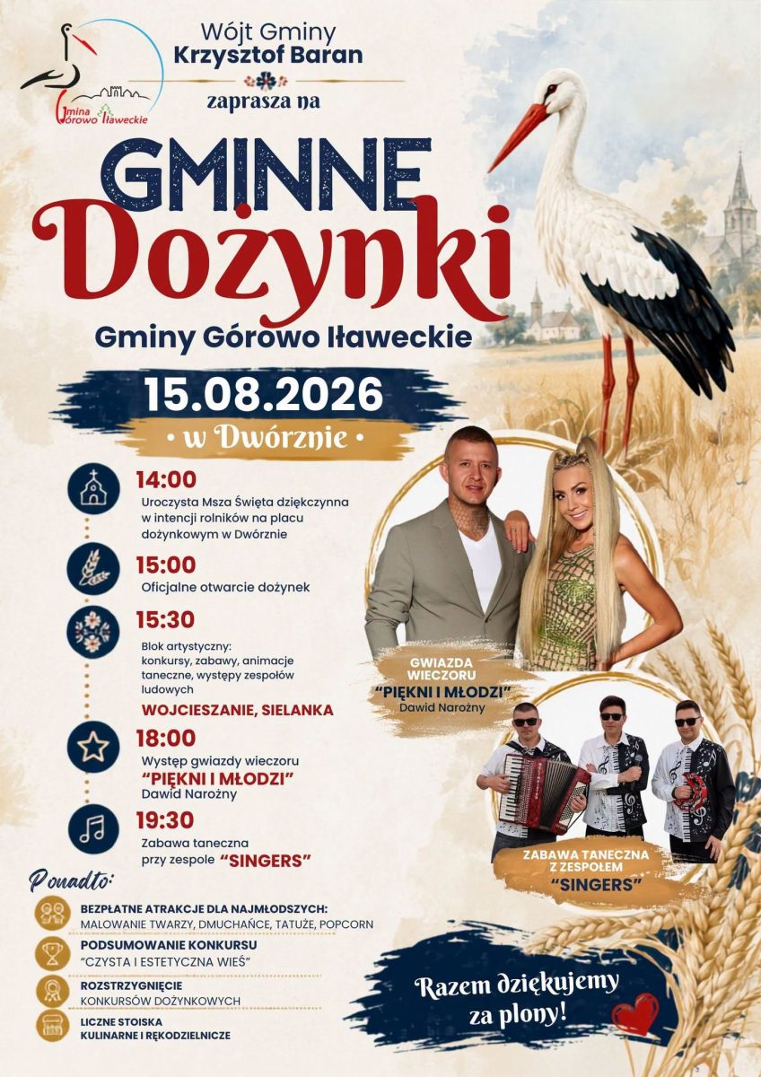 Plakat zapraszający w sobotę 15 sierpnia 2026 r. do miejscowości Dwórzno w gminie Górowo Iławeckie na Dożynki Gminne Gminy Górowo Iławeckie Dwórzno 2026. 