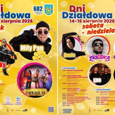 Plakat zapraszający w dniach 14-16 sierpnia 2026 r. do Działdowa na Dni Działdowa 2026.