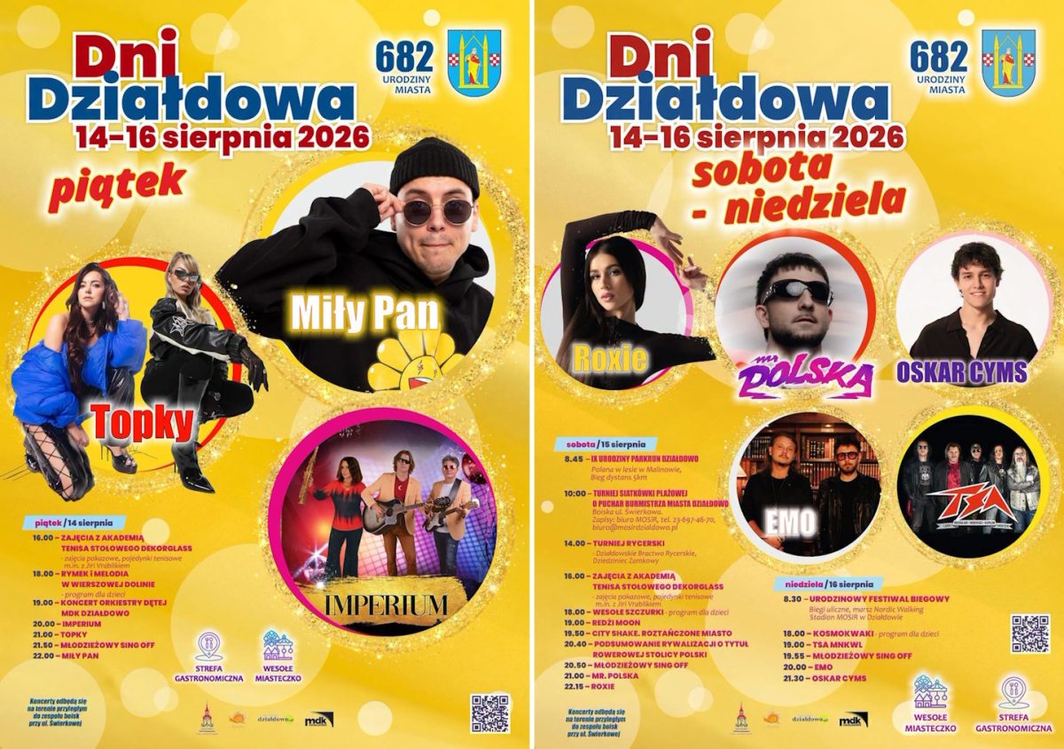 Plakat zapraszający w dniach 14-16 sierpnia 2026 r. do Działdowa na Dni Działdowa 2026. 