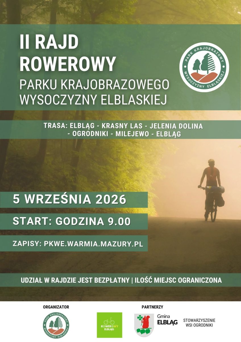 Plakat zapraszający w sobotę 5 września 2026 r. do Elbląga na Rajd Rowerowy z Parkiem Krajobrazowym Wysoczyzny Elbląskiej Elbląg 2026. 