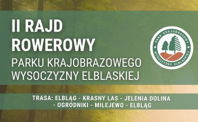 Plakat zapraszający w sobotę 5 września 2026 r. do Elbląga na Rajd Rowerowy z Parkiem Krajobrazowym Wysoczyzny Elbląskiej Elbląg 2026. 