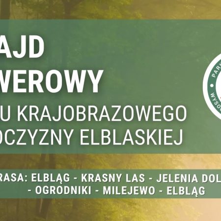 Plakat zapraszający w sobotę 5 września 2026 r. do Elbląga na Rajd Rowerowy z Parkiem Krajobrazowym Wysoczyzny Elbląskiej Elbląg 2026. 