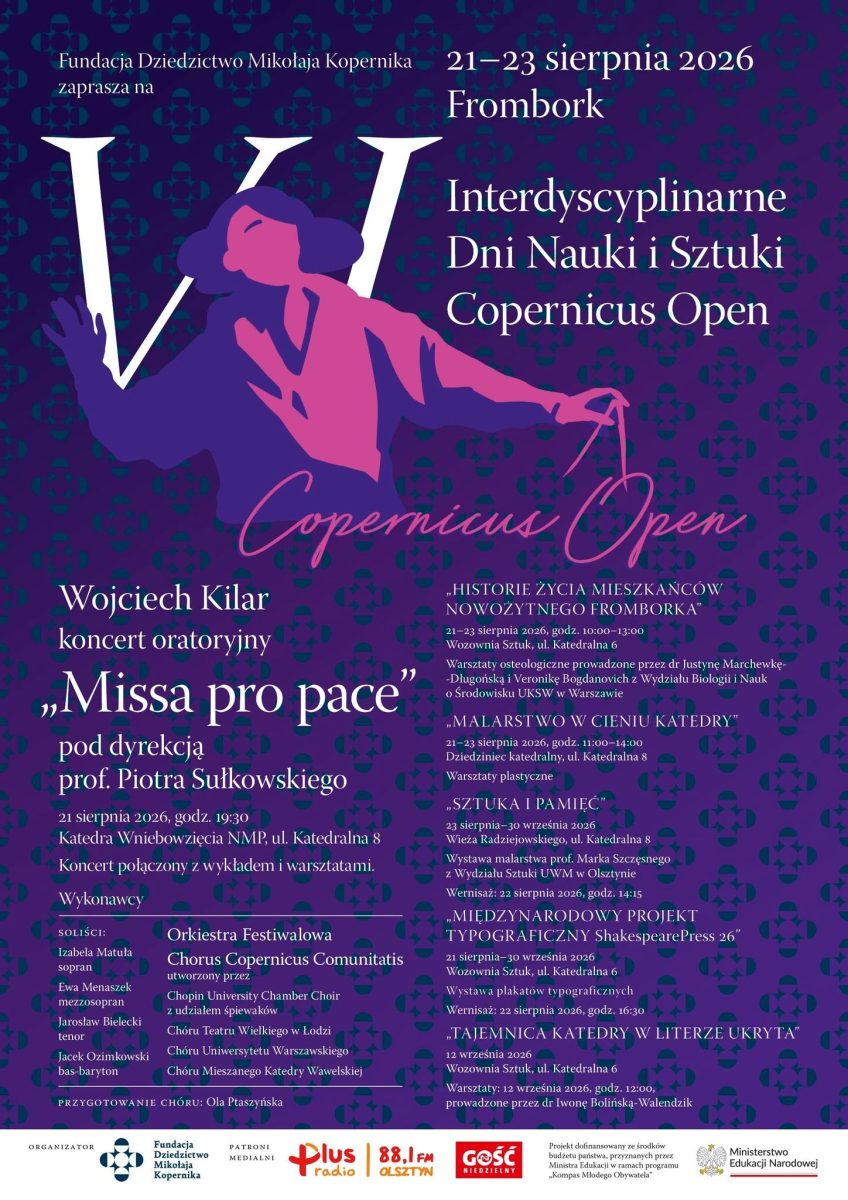 Plakat zapraszający w dniach 21-23 sierpnia 2026 r. do Fromborka na Interdyscyplinarne Dni Nauki i Sztuki Frombork 2026. 