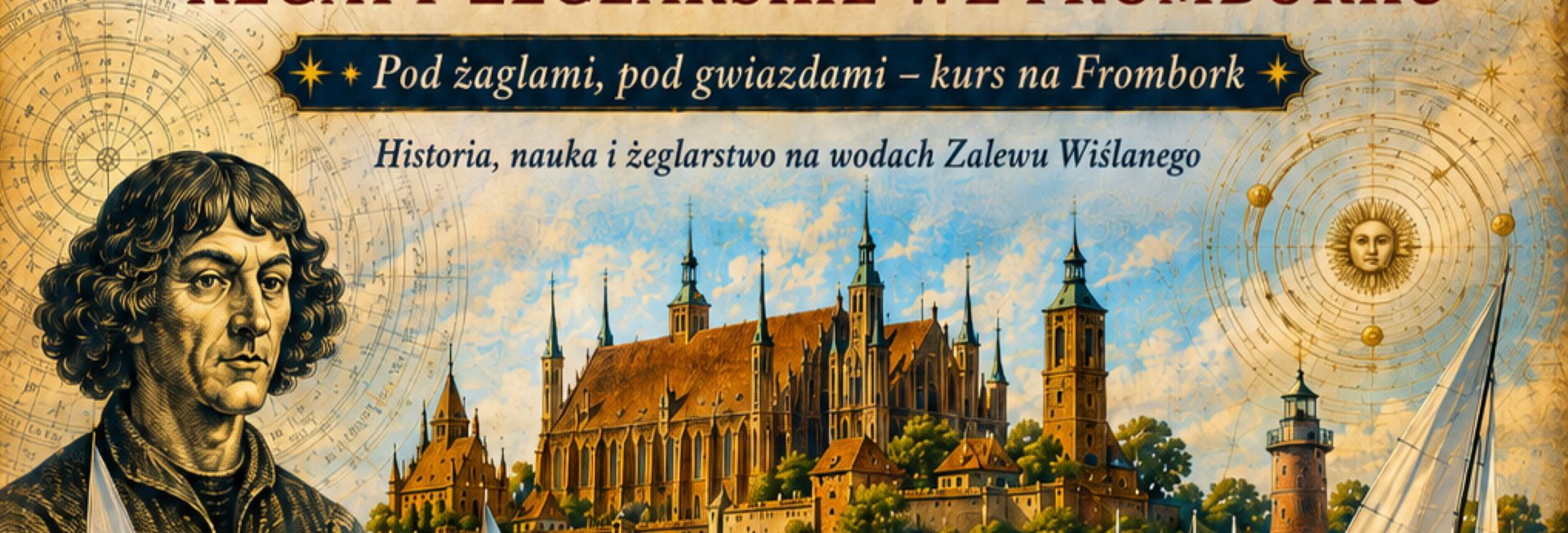 Plakat zapraszający w dniach 5-6 września 2026 r. do Fromborka na Regaty Żeglarskie o Puchar Marszałka Województwa Warmińsko-Mazurskiego "Gwiazda Kopernika" Frombork 2026.  