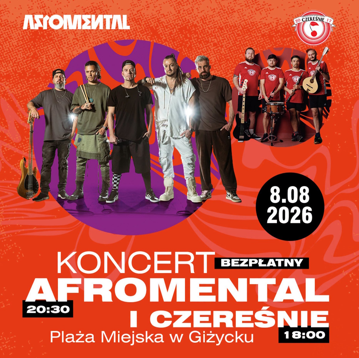 Plakat zapraszający w sobotę 8 sierpnia 2026 r. do Giżycka na koncert zespołów Afromental & Czereśnie Giżycko 2026.