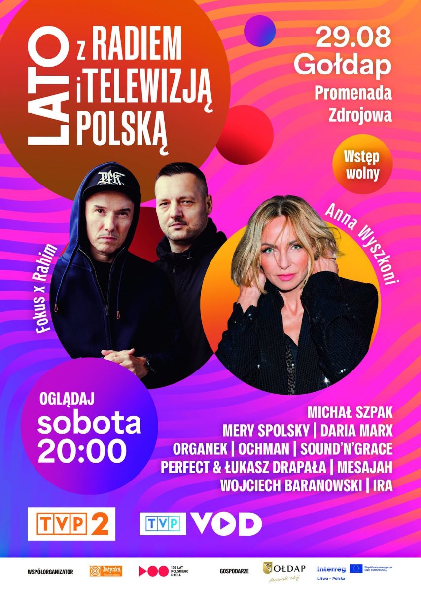 Plakat zapraszający w sobotę 29 sierpnia 2026 r. do Gołdapi na Lato z Radiem i Telewizją Polską Gołdap 2026. 