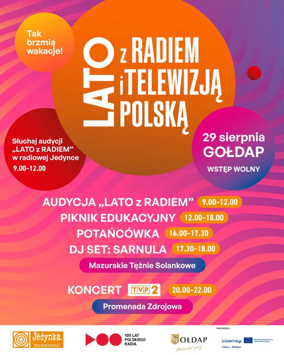 Plakat zapraszający w sobotę 29 sierpnia 2026 r. do Gołdapi na Lato z Radiem i Telewizją Polską Gołdap 2026. 