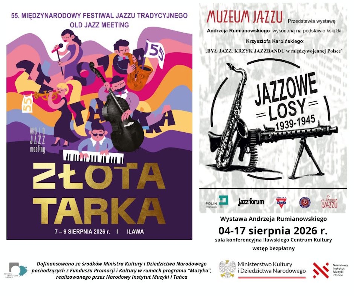 Plakat zapraszający w dniach 7-9 sierpnia 2026 r. do Iławy na Międzynarodowy Festiwalu Jazzu Tradycyjnego Old Jazz Meeting Złota Tarka Iława 2026. 