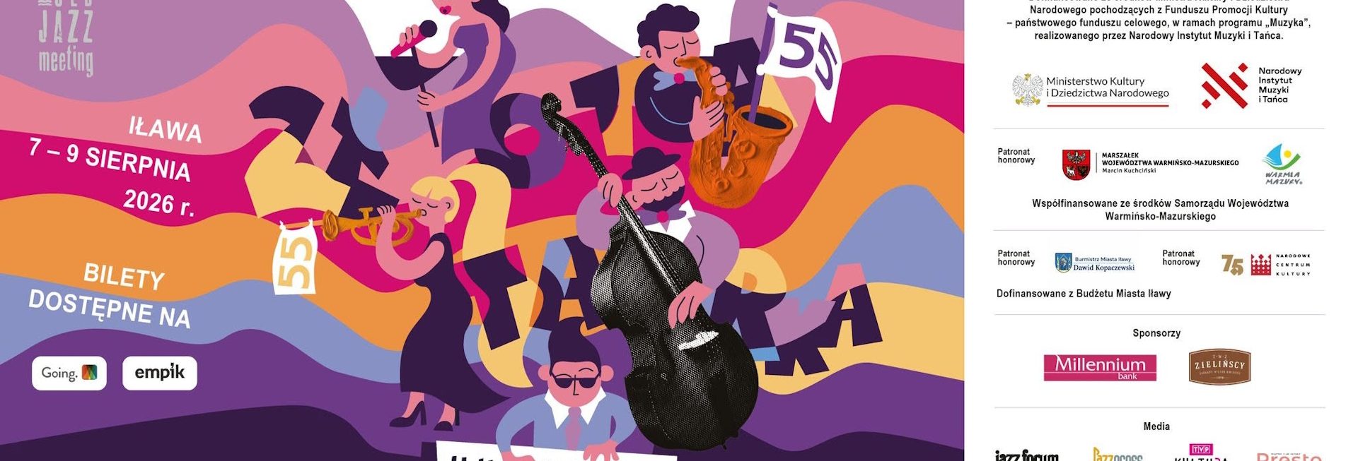 Plakat zapraszający w dniach 7-9 sierpnia 2026 r. do Iławy na Międzynarodowy Festiwalu Jazzu Tradycyjnego Old Jazz Meeting Złota Tarka Iława 2026. 