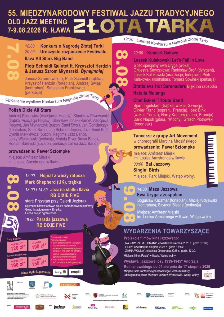 Plakat zapraszający w dniach 7-9 sierpnia 2026 r. do Iławy na Międzynarodowy Festiwalu Jazzu Tradycyjnego Old Jazz Meeting Złota Tarka Iława 2026. 
