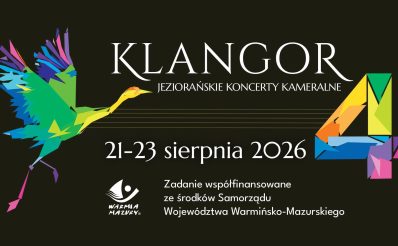 Plakat zapraszający w dniach 21-23 sierpnia 2026 r. do Tłokowa na Jeziorańskie Koncerty Kameralne "Klangor" Jeziorany 2026. 