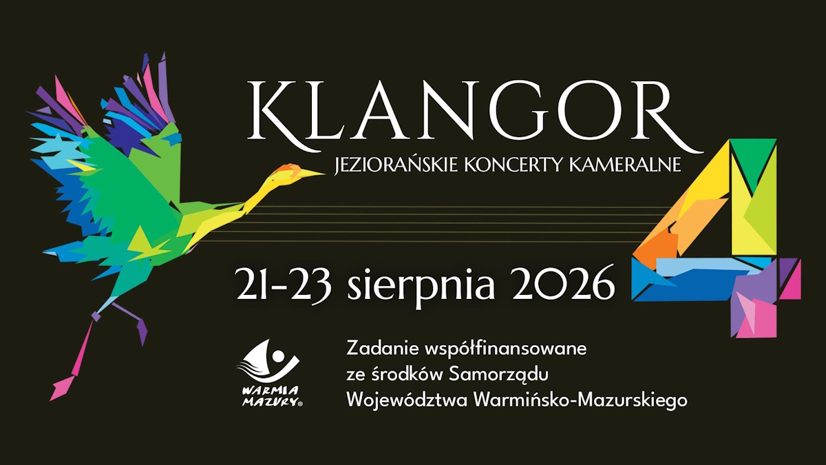 Plakat zapraszający w dniach 21-23 sierpnia 2026 r. do Tłokowa na Jeziorańskie Koncerty Kameralne "Klangor" Jeziorany 2026. 
