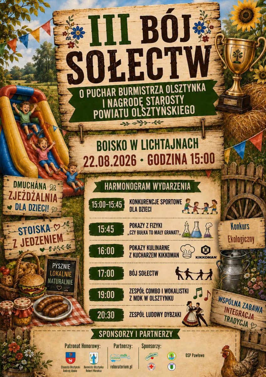 Plakat zapraszający w sobotę 22 sierpnia 2026 r. do miejscowości Lichtajny w gminie Olsztynek na Bój Sołectw o Puchar Burmistrza Olsztynka Lichtajny 2026. 