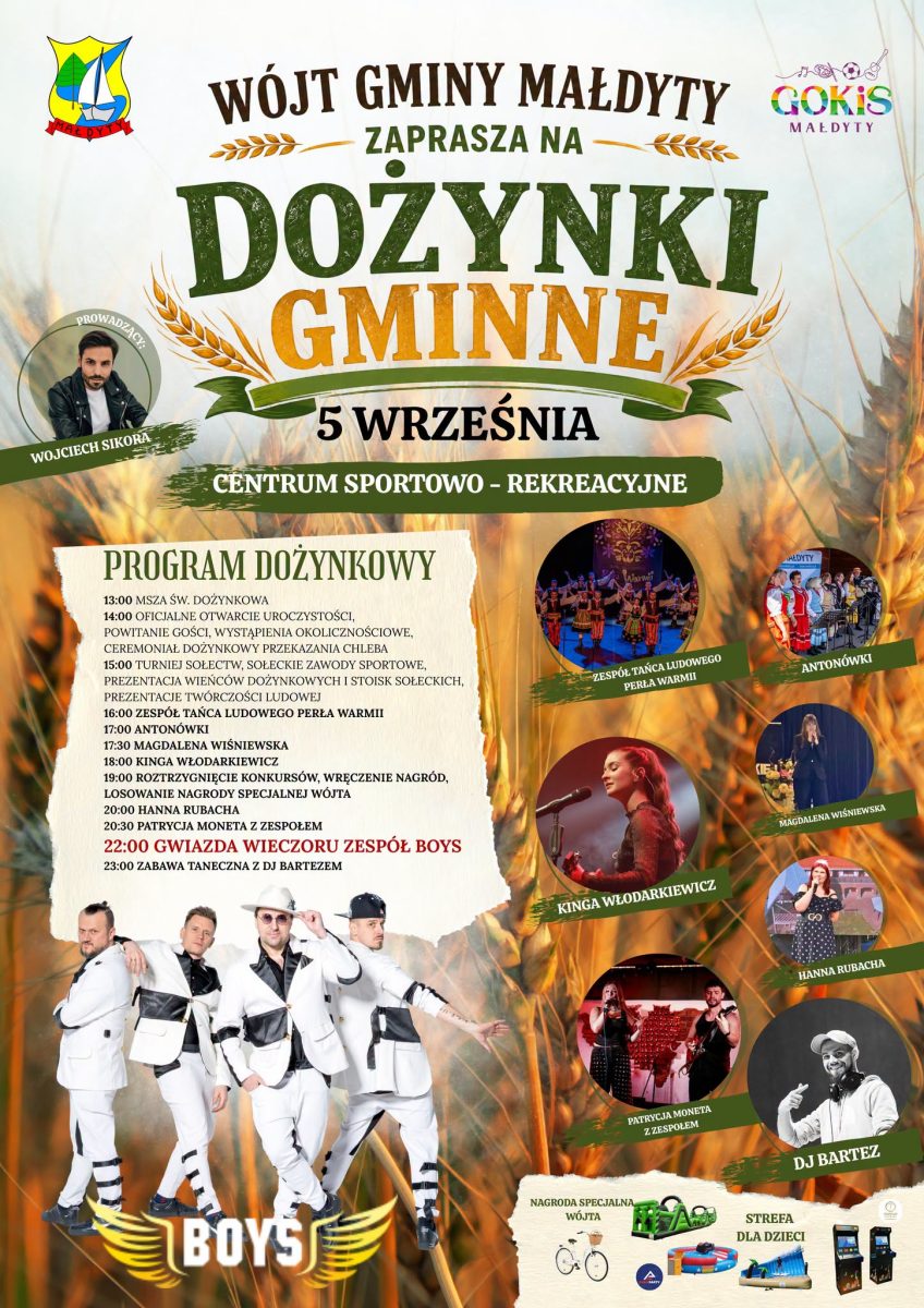 Plakat zapraszający w sobotę 5 września 2026 r. do miejscowości Małdyty w powiecie ostródzkim na Dożynki Gminne Małdyty 2026. 