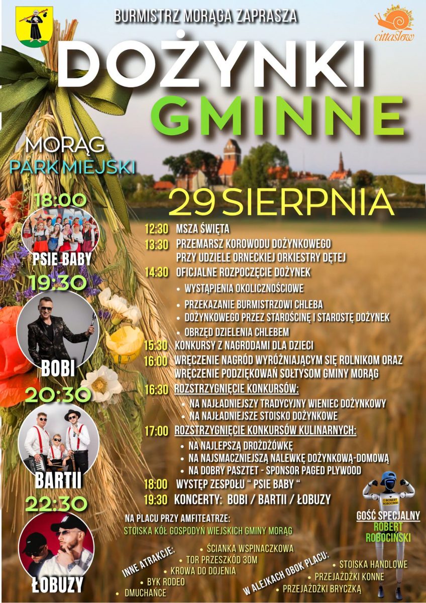 Plakat zapraszający w sobotę 29 sierpnia 2026 r. do Morąga na Dożynki Gminne Morąg 2026. 