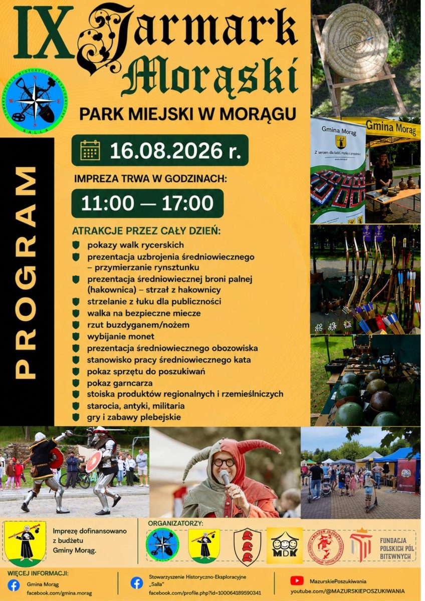 Plakat zapraszający w niedzielę 16 sierpnia 2026 r. do Morąga Jarmark Morąski 2026. 