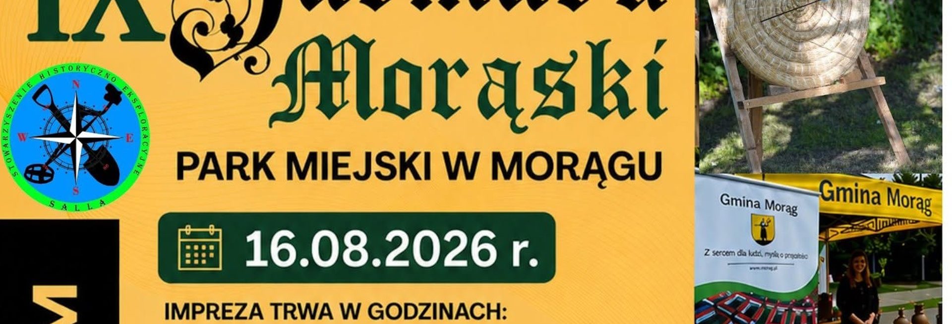 Plakat zapraszający w niedzielę 16 sierpnia 2026 r. do Morąga Jarmark Morąski 2026. 