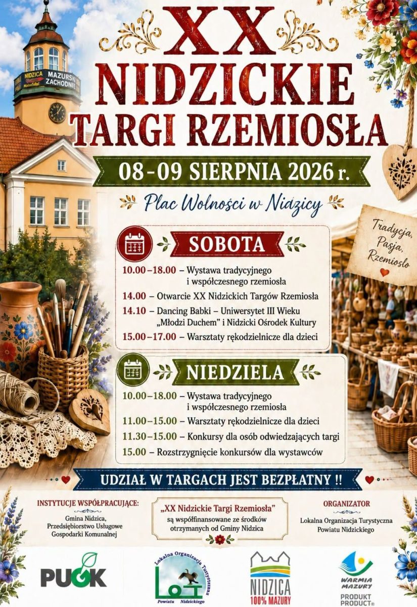 Plakat zapraszający w dniach 8-9 sierpnia 2026 r. do Nidzicy na Nidzickie Targi Rzemiosła Nidzica 2026.  