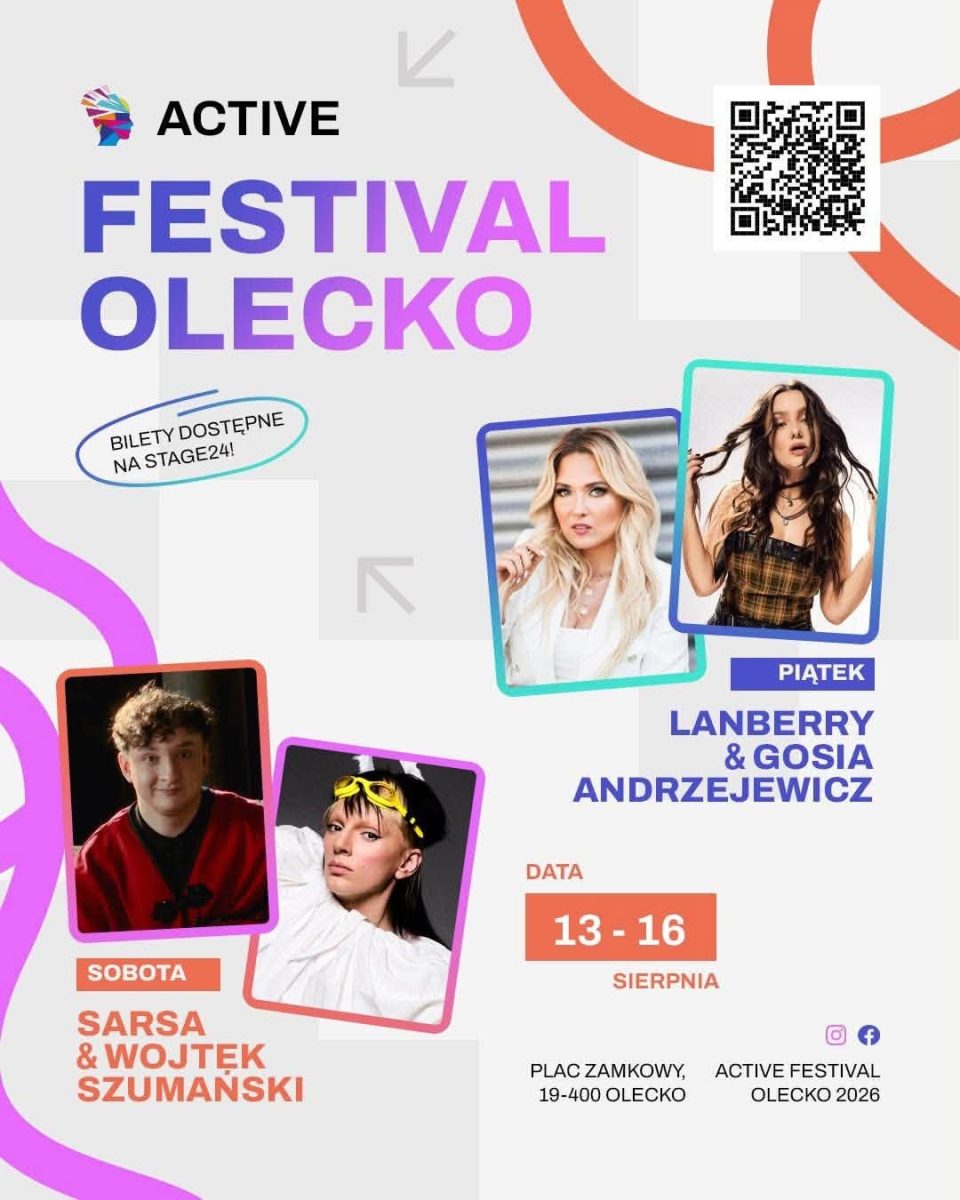 Plakat zapraszający w dniach 13-16 sierpnia 2026 r. do Olecka na 8. edycję Active Festival Olecko 2026. 