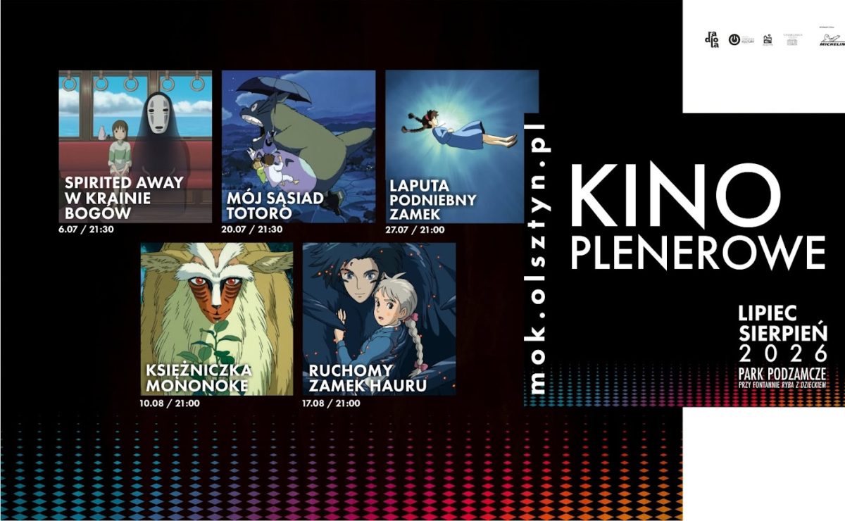 Plakat zapraszający w poniedziałek 17 sierpnia 2026 r. do Olsztyna na Kino Plenerowe: Lato Ghibli - Park Podzamcze Olsztyn 2026. 