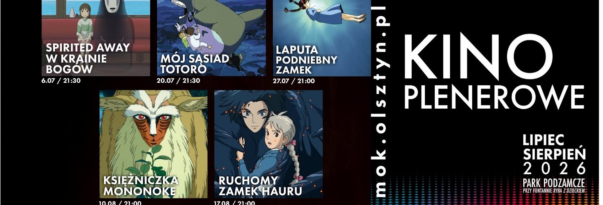 Plakat zapraszający w poniedziałek 17 sierpnia 2026 r. do Olsztyna na Kino Plenerowe: Lato Ghibli - Park Podzamcze Olsztyn 2026. 