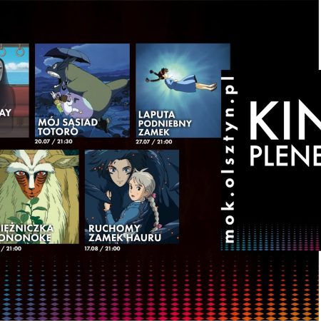 Plakat zapraszający w poniedziałek 17 sierpnia 2026 r. do Olsztyna na Kino Plenerowe: Lato Ghibli - Park Podzamcze Olsztyn 2026.