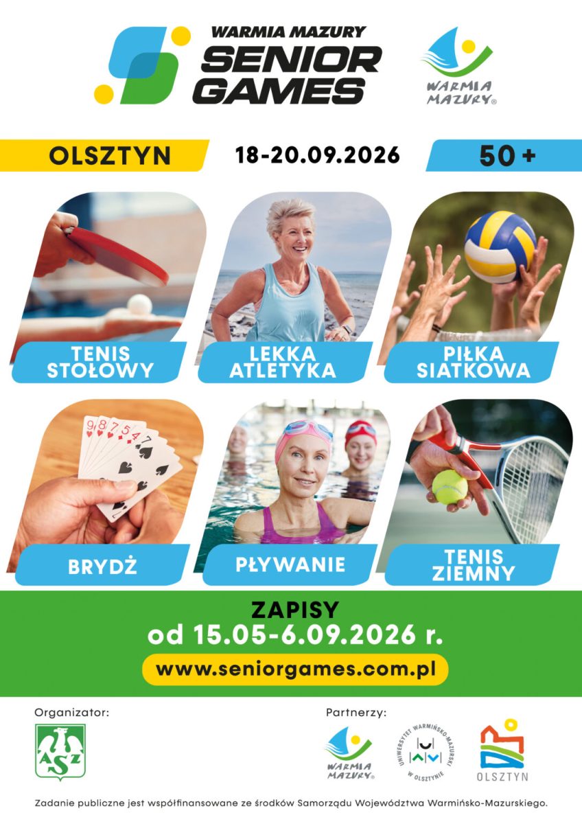 Plakat zapraszający w dniach 18-20 września 2026 r. do Olsztyna na Warmia Mazury Senior Games Olsztyn 2026.