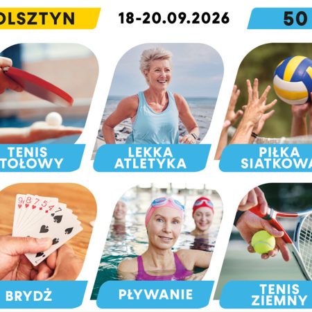 Plakat zapraszający w dniach 18-20 września 2026 r. do Olsztyna na Warmia Mazury Senior Games Olsztyn 2026.
