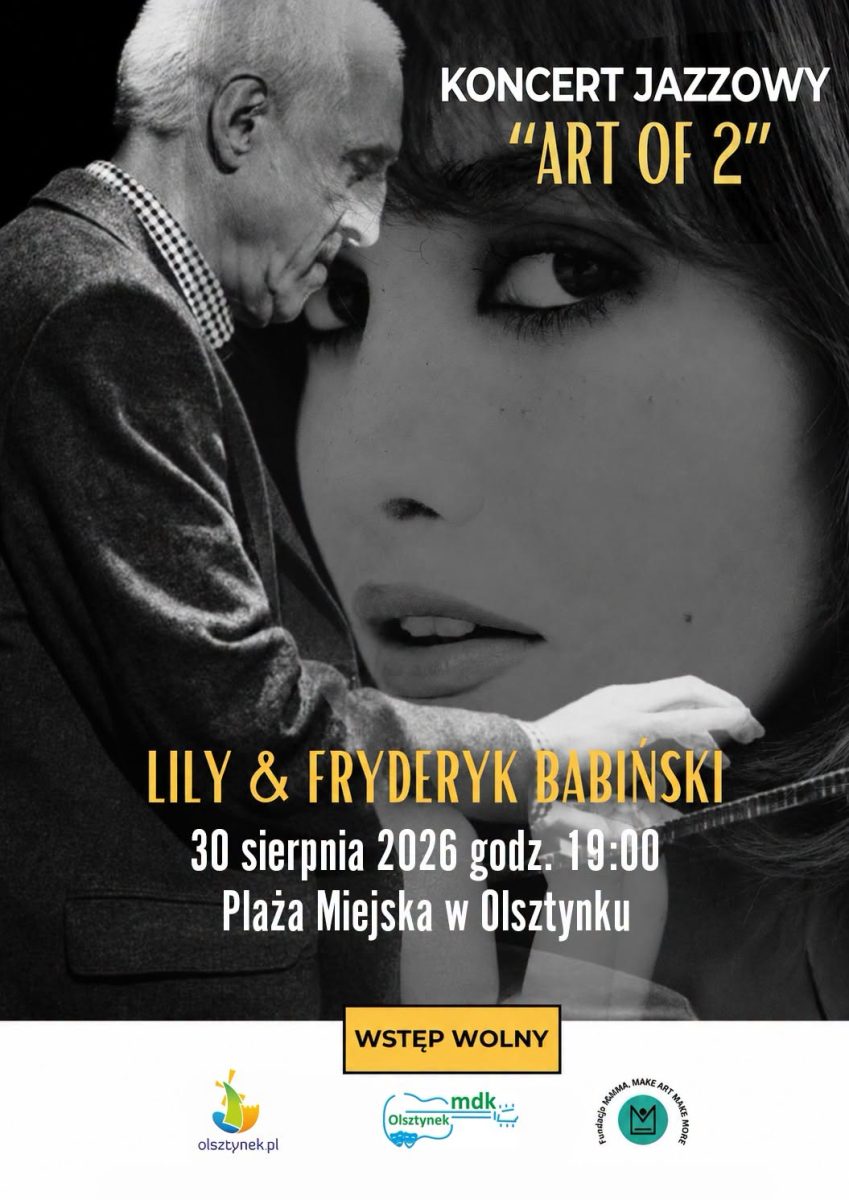 Plakat zapraszający w niedzielę 30 sierpnia 2026 r. do Olsztynka na koncert Jazzowe zakończenie lata w Olsztynku 2026.  