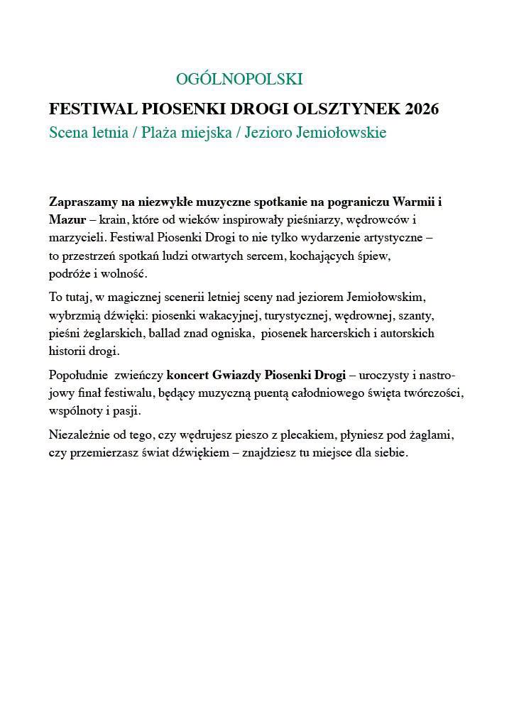Informacja o Ogólnopolskim Festiwalu Piosenki Drogi Olsztynek 2026. 