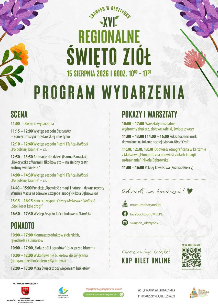 Plakat zapraszający w sobotę 15 sierpnia 2026 r. do Muzeum Budownictwa Ludowego w Olsztynku na Regionalne Święto Ziół Skansen Olsztynek 2026.