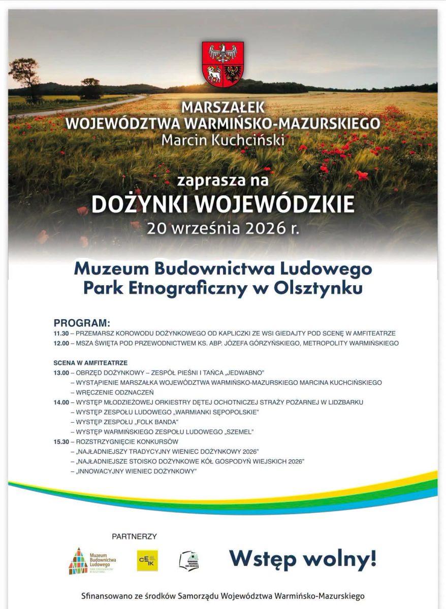 Plakat zapraszający w niedzielę 20 września 2026 r. do Muzeum Budownictwa Ludowego w Olsztynku na Warmińsko-Mazurskie Dożynki Wojewódzkie Skansen Olsztynek 2026.