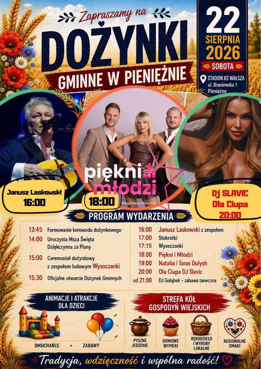 Plakat zapraszający w sobotę 22 sierpnia 2026 r. do Pieniężna Dożynki Gminne Pieniężno 2026.  