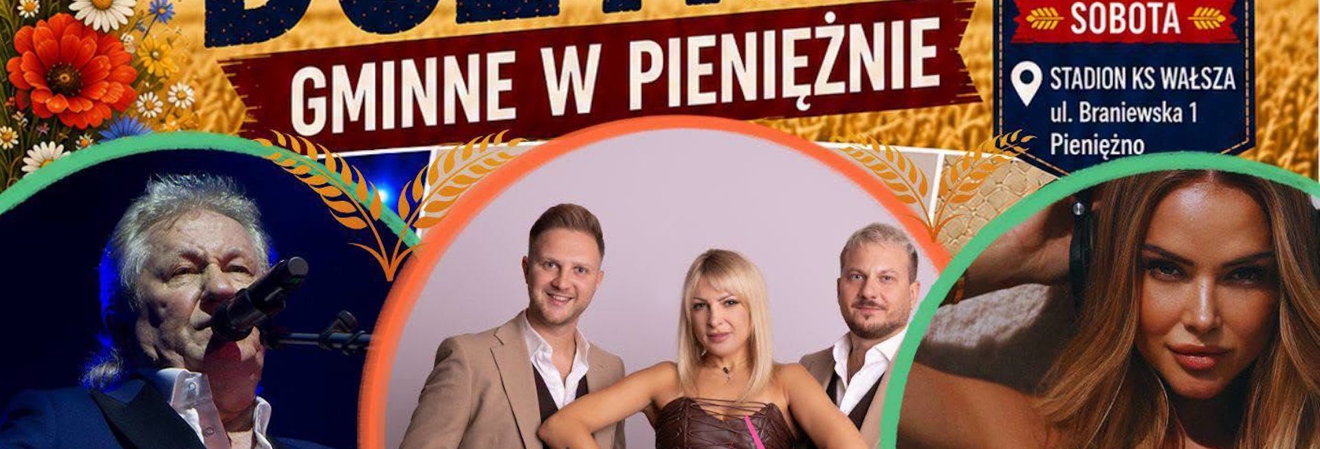 Plakat zapraszający w sobotę 22 sierpnia 2026 r. do Pieniężna Dożynki Gminne Pieniężno 2026.  