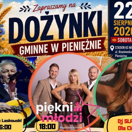 Plakat zapraszający w sobotę 22 sierpnia 2026 r. do Pieniężna Dożynki Gminne Pieniężno 2026.  