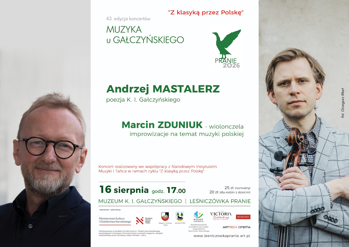 Plakat zapraszający w niedzielę 16 sierpnia do miejscowości Pranie w gminie Ruciane-Nida na 43. edycję koncertów „Muzyka u Gałczyńskiego” Koncert Z Klasyką przez Polskę Leśniczówka Pranie 2026. 
