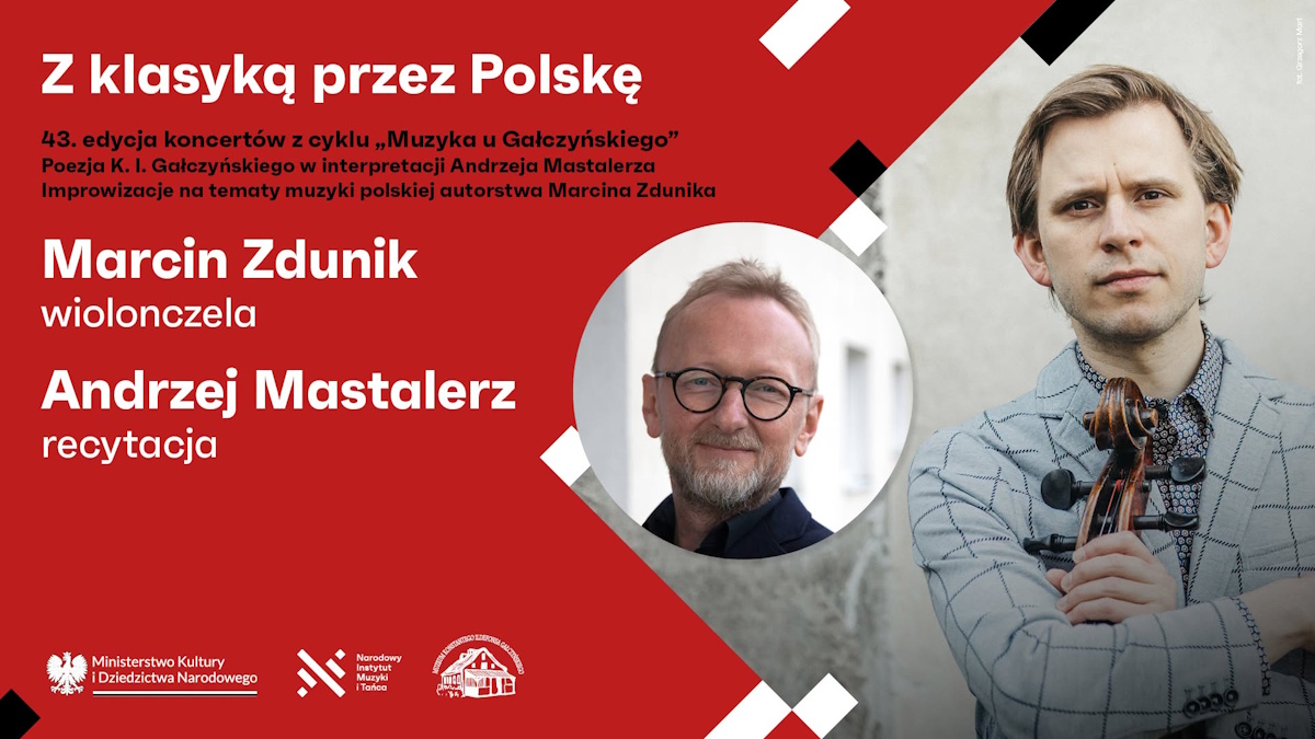 Plakat zapraszający w niedzielę 16 sierpnia do miejscowości Pranie w gminie Ruciane-Nida na 43. edycję koncertów „Muzyka u Gałczyńskiego” Koncert Z Klasyką przez Polskę Leśniczówka Pranie 2026. 