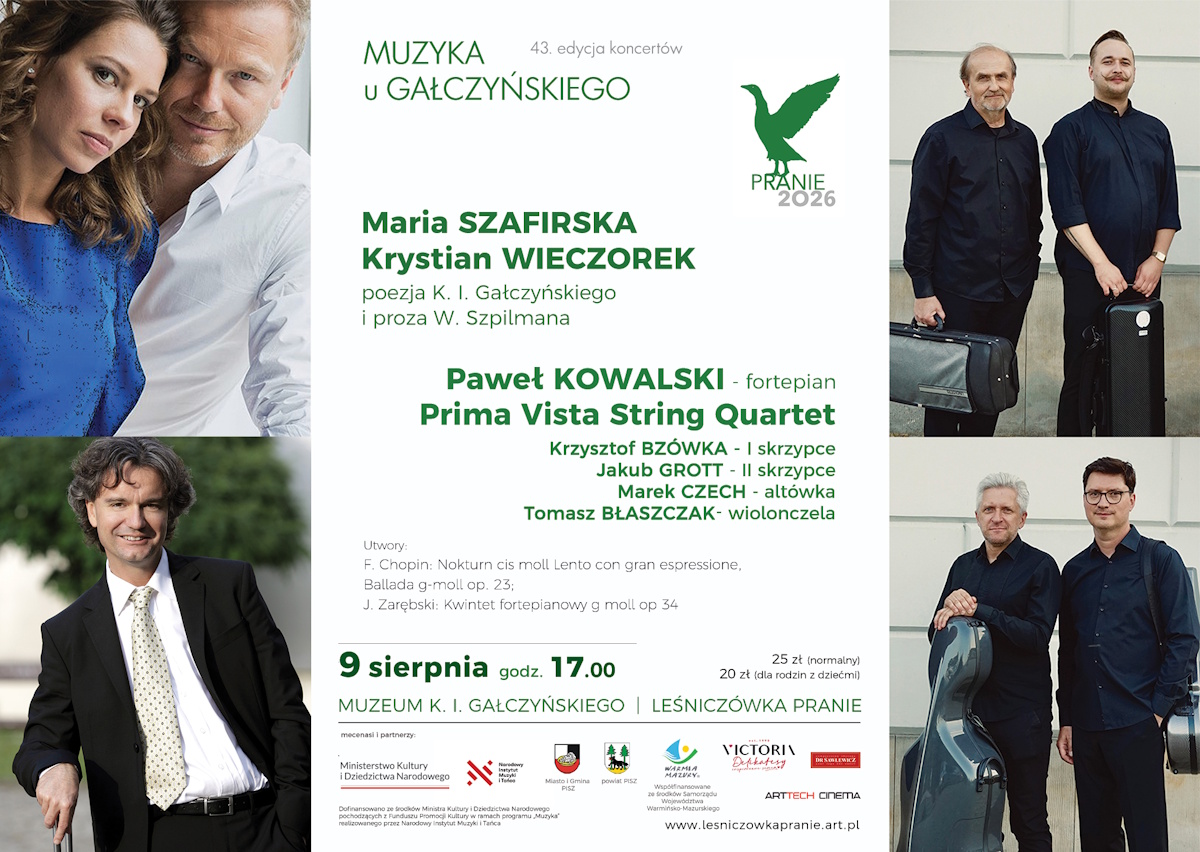 Plakat zapraszający w niedzielę 9 sierpnia do miejscowości Pranie w gminie Ruciane-Nida na koncert 43. edycja koncertów „Muzyka u Gałczyńskiego” Leśniczówka Pranie 2026. 
