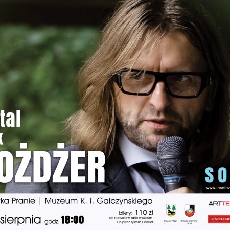Plakat zapraszający w dniach 14-15 sierpnia do miejscowości Pranie w gminie Ruciane-Nida na koncert Leszek Możdżer Solo Leśniczówka Pranie 2026. 