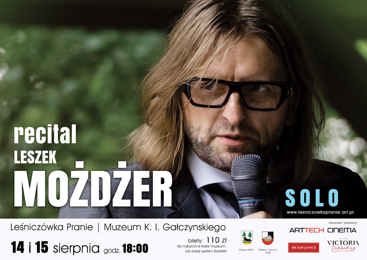 Plakat zapraszający w dniach 14-15 sierpnia do miejscowości Pranie w gminie Ruciane-Nida na koncert Leszek Możdżer Solo Leśniczówka Pranie 2026. 