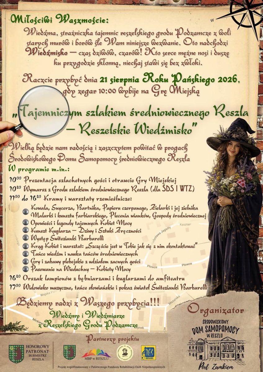 Plakat zapraszający w piątek 21 sierpnia 2026 r. do Reszla na imprezę Reszelskie Wiedźmisko Reszel 2026.  