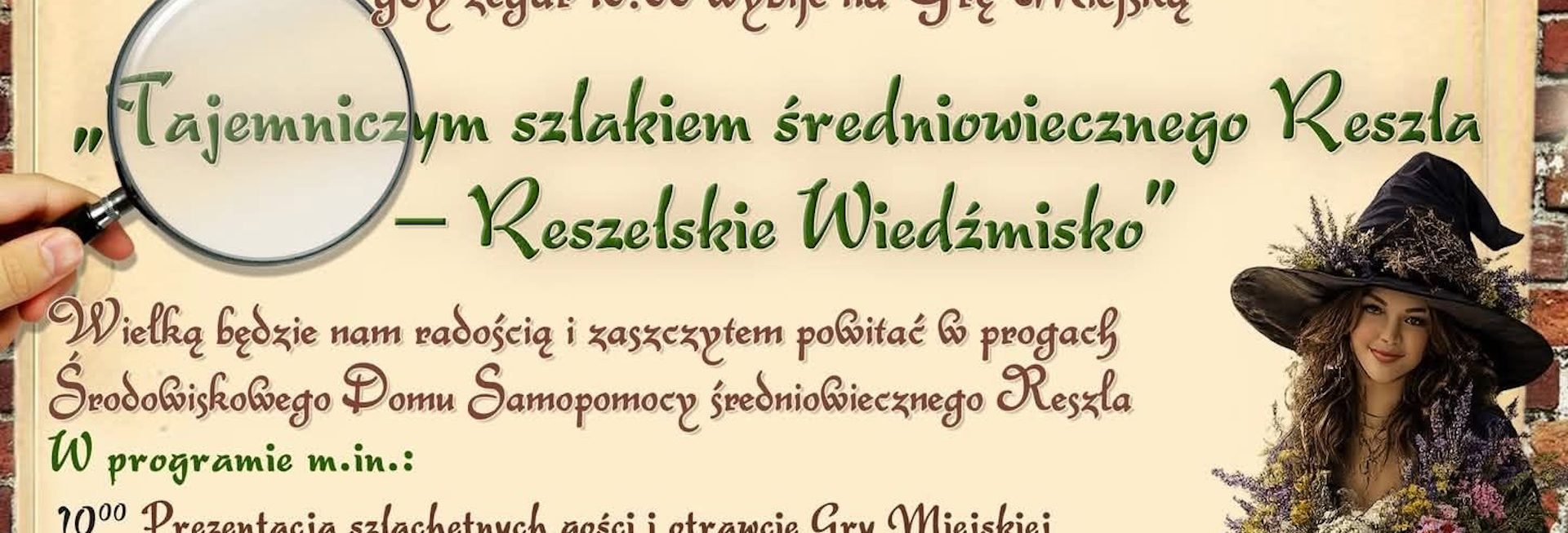 Plakat zapraszający w piątek 21 sierpnia 2026 r. do Reszla na imprezę Reszelskie Wiedźmisko Reszel 2026.  