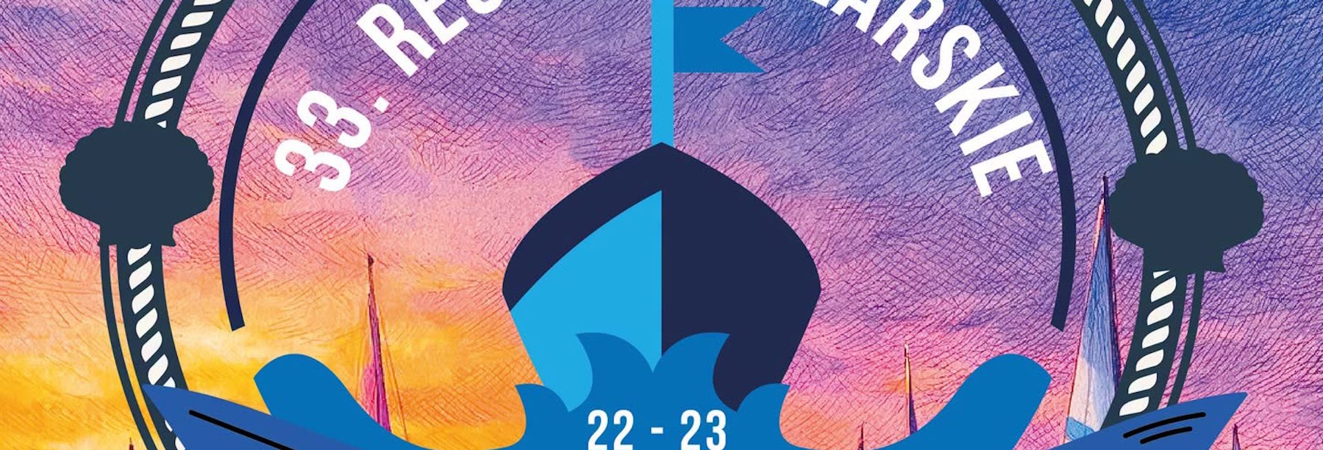 Plakat zapraszający w dniach 22-23 sierpnia 2026 r. na Plażę Słoneczny Brzeg w Rukławkach, 5 km od Biskupca na Regaty Żeglarskie o Błękitną Wstęgę Jeziora Dadaj Słoneczny Brzeg 2026.  