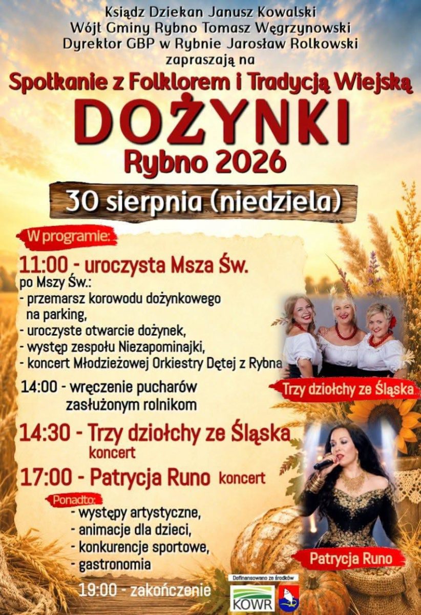Plakat zapraszający w niedzielę 30 sierpnia 2026 r. do Rybna w powiecie działdowskim na Spotkanie z Folklorem i Tradycją Wiejską Dożynki Rybno 2026.  